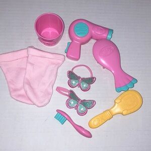 CPK Pink and Teal Doll Accessory Set Socks Hair Brush Blowdryer Cup Toothbrush